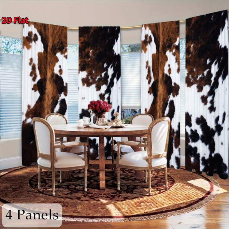 4Pcs Western Farmhouse Cowhide Print Curtains, Black & White Brown Faux Cow Animal Window Drapes for Bedroom Living Room Kitchen Study Dining Home Decor, Digital Printing