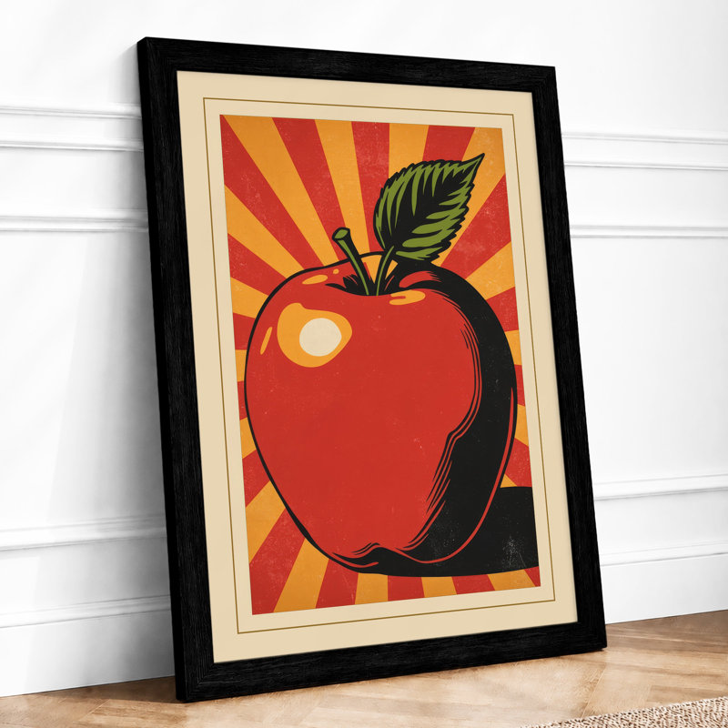 Apple in Sunburst Retro - Framed Print, Black, A4 - 29.7 x 21.0 cm