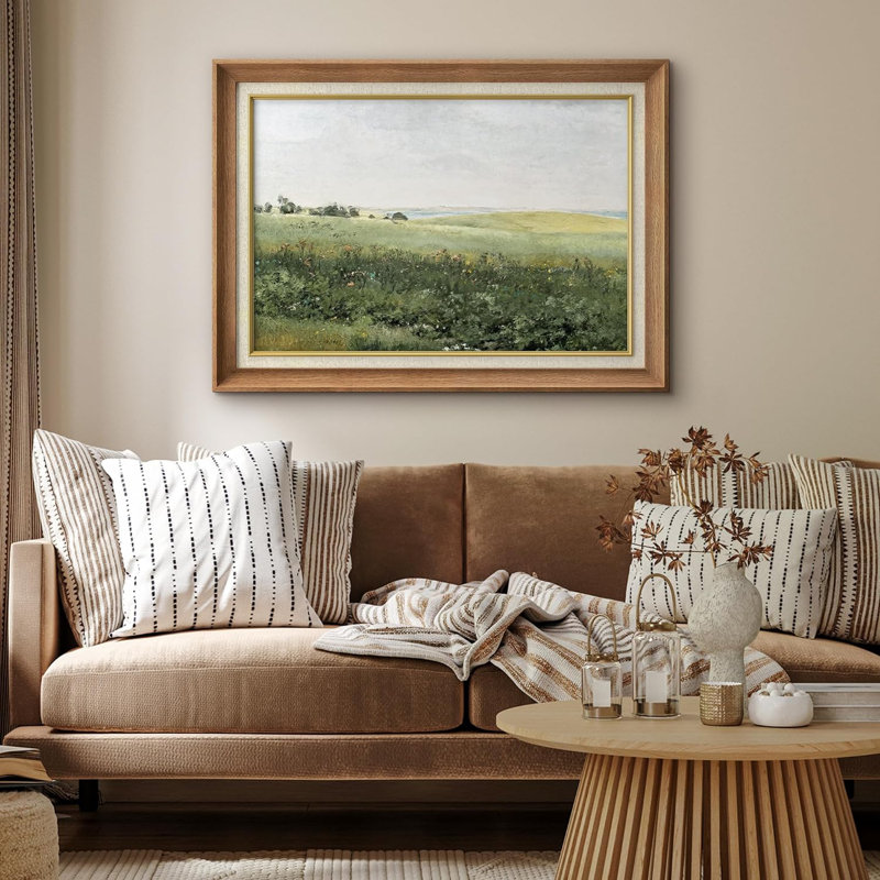 Rustic Countryside Green Meadow Hillside avec plantes et fleurs, impression sur papier, Pas de tapis, Encadré naturel