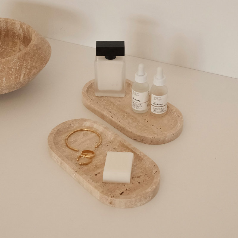 Luxury Bathroom Tray Set (2 Pieces), Beige Sicily Lila Marble, 9.8 x 4.7 x 0.8 inches | 100% Natural Stone, Elegant Design | Perfect for Organizing Toiletries & Enhancing Your Bathroom Décor