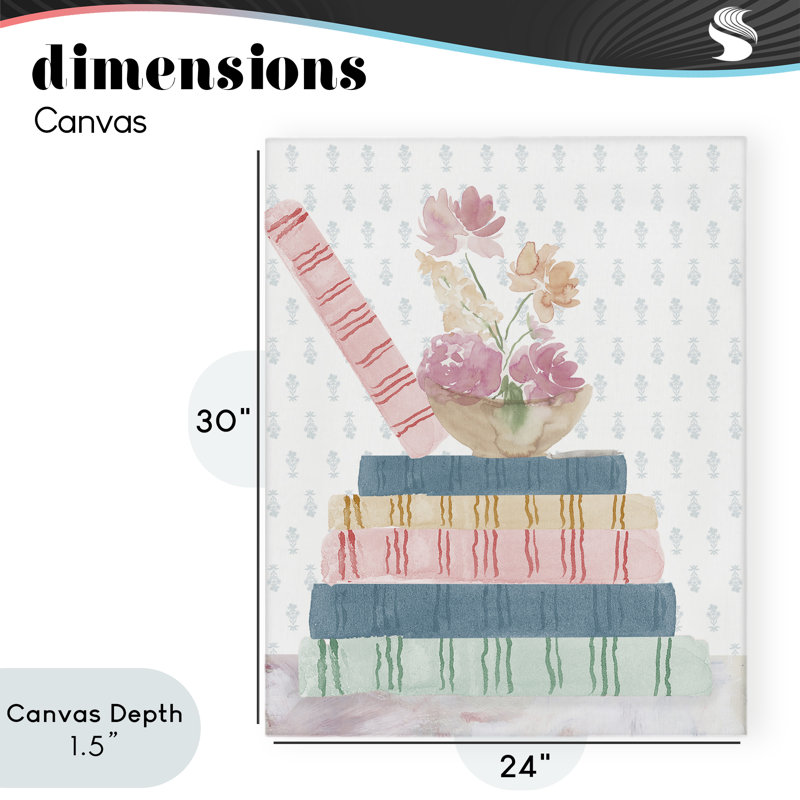 Fleurs pastel et livres sur toile, design par Lucille Price, H 30 po x l 24 po