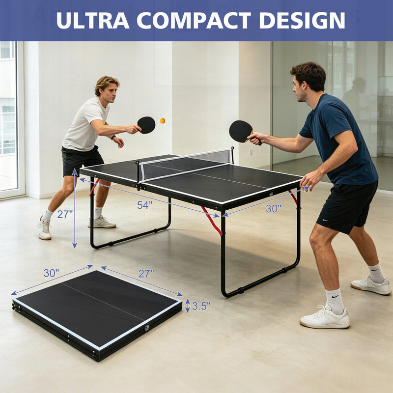 Foldable Table Tennis Table, Suitable Ping Pong Table with Net and 2 Table Tennis Bats Easy to Store