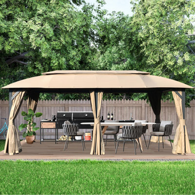 Gazebo marron pour terrasse - Peut accueillir de 13 à 15 personnes, toit double, rideaux d'intimité, 3 x 6 m (10 x 20 pi), extérieur marron. Conception du toit. Structure métallique robuste. Spacieux pour 13 à 15 personnes. Facile à transporter