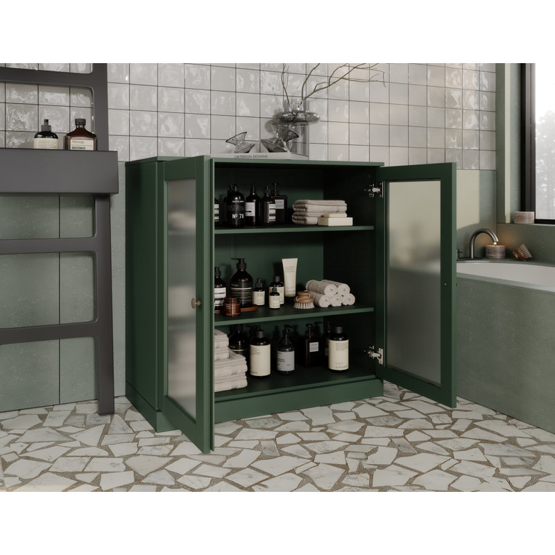 100% Solid Wood 32" Bathroom Cabinet with Frosted Glass Doors and Adjustable Shelves, Green