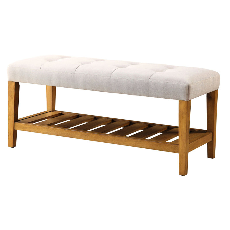 Banc contemporain gris avec coussin et étagère en chêne