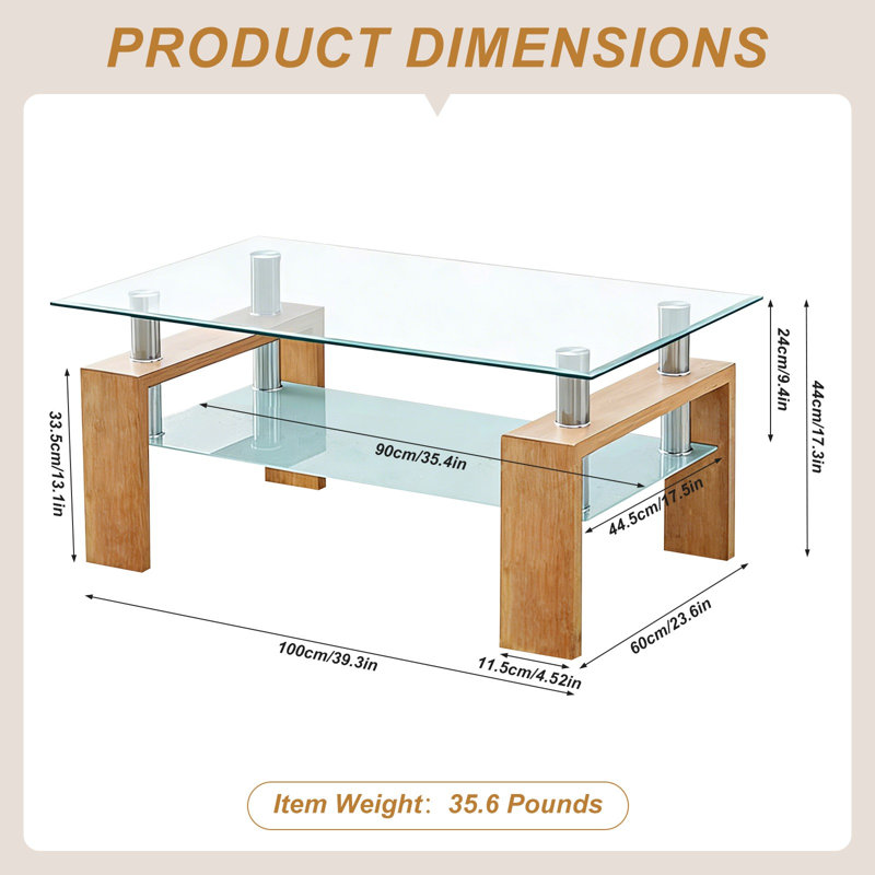 Table basse Recgular, H 17,3 po x l 39,3 po x P 23,6 po, Clear, Brun