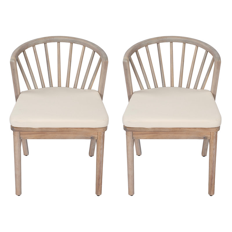Ensemble de 2 chaises de salle à manger d'extérieur, chaises de patio en bois d'acacia avec coussin lavable crème, pour cour, bord de piscine, jardin, blanc clair