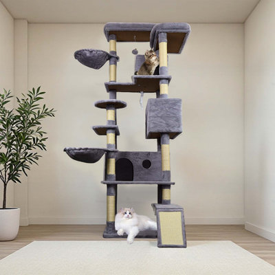 Tour pour arbre à chat 84,6 po gris foncé avec base large, plusieurs condos, poteaux à griffer en sisal et jouets interactifs pour un plaisir et un confort félins