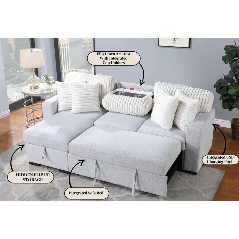 Light Gray Fabric Sectional Sofa with Storage and Cup Holder