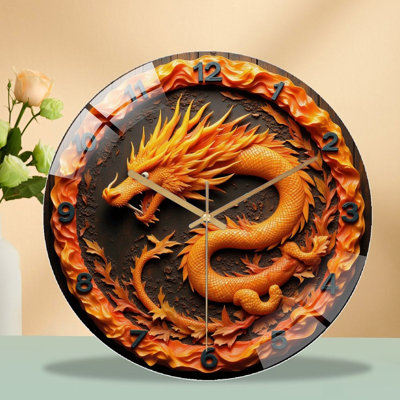 12-Inch Silent Tempered Glass Wall Clock, " Dragon Wall Clock with Fire Elements And Unique Design ” Silent Non-Ticking Clock, Battery Operated (AA Batteries Not Included), Artistic Home Decor