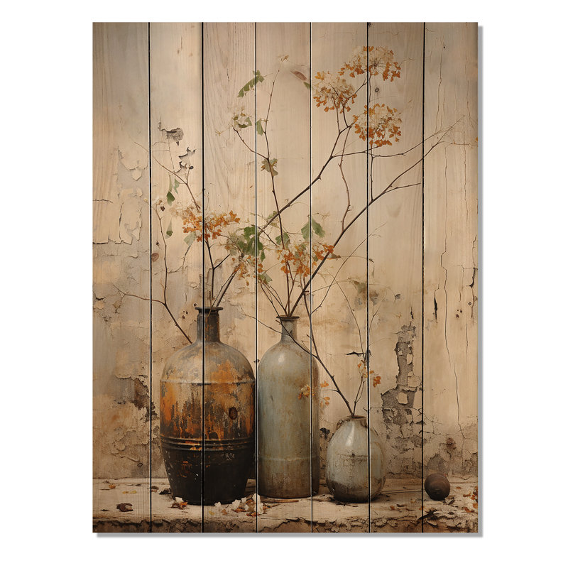 Zen Boho Pottery I - Boho Pottery sur impression de bois, H 44 po x l 34 po
