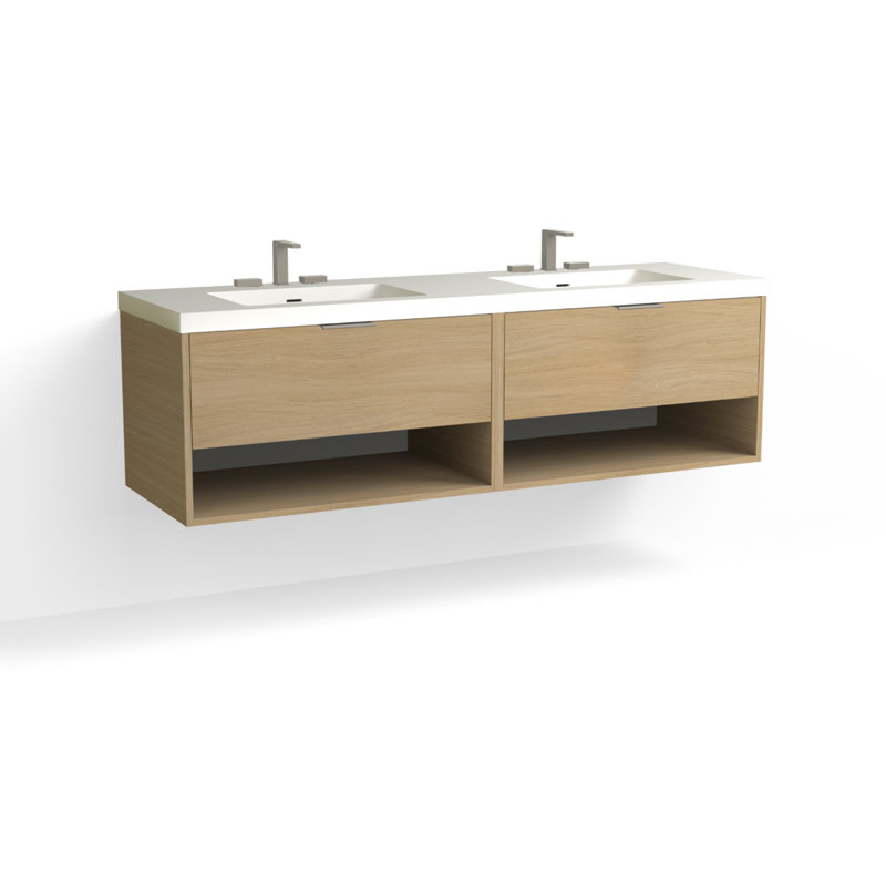 Modo 72" W Wall Mounted Double Bathroom Vanity, White Acrylic, Satin Brass, Glossy White/Single