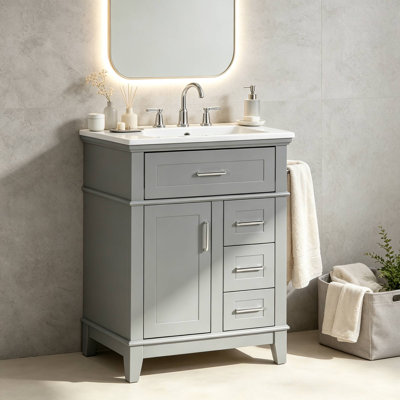 Meuble-lavabo 24 po avec lavabo en céramique, 4 tiroirs de rangement et tablettes