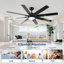 Grand ventilateur de plafond noir de 72 pouces avec télécommande et lumière DEL intégrée pour les espaces de vie intérieurs et extérieurs