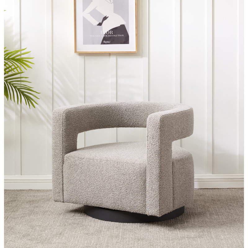Keegan Upholstered Swivel Barrel Chair, Light Gray Boucle, Black