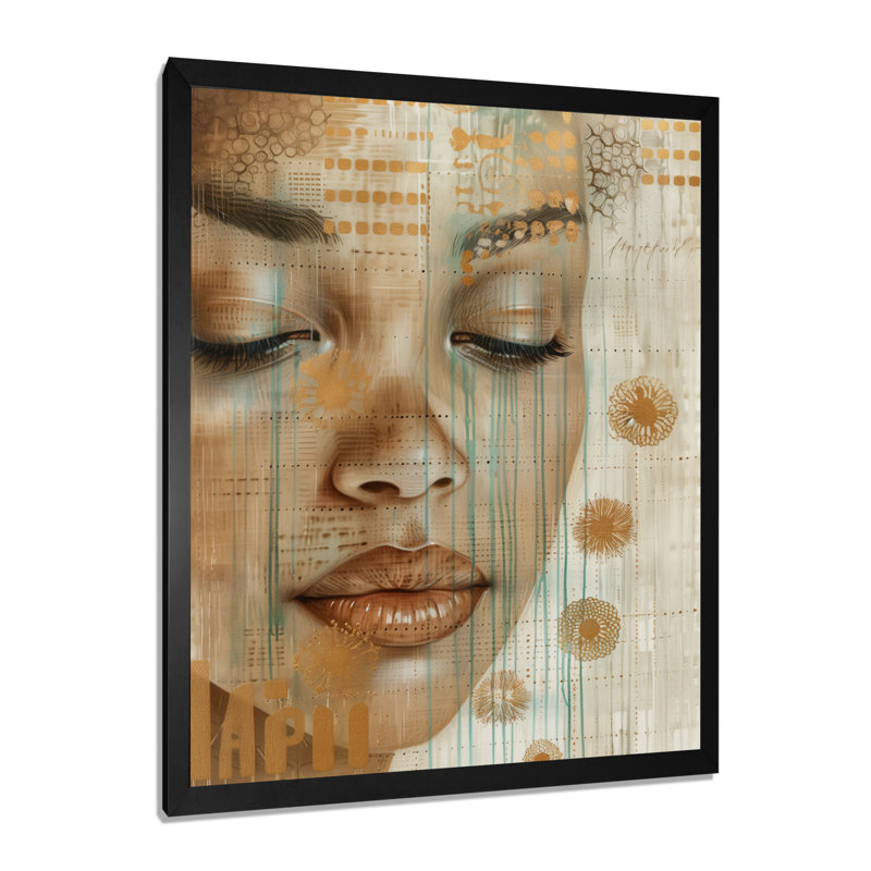 Vert et brun, Zen Boho, Portrait de femme II - Art bohème mural, Cadre simple noir, H 20 po x l 12 po x P 1 po