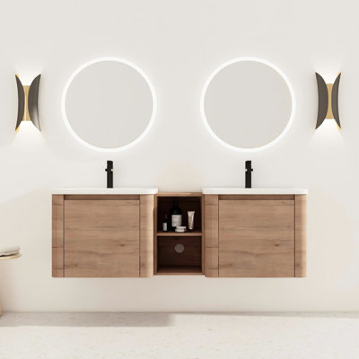 Meuble-lavabo mural de 60 po avec lavabo en céramique blanc, tablettes de rangement et 1 porte à fermeture en douceur, emballage Kd, contreplaqué, entretien de la surface lisse, trou de trop-plein inclus, fermeture de porte silencieuse