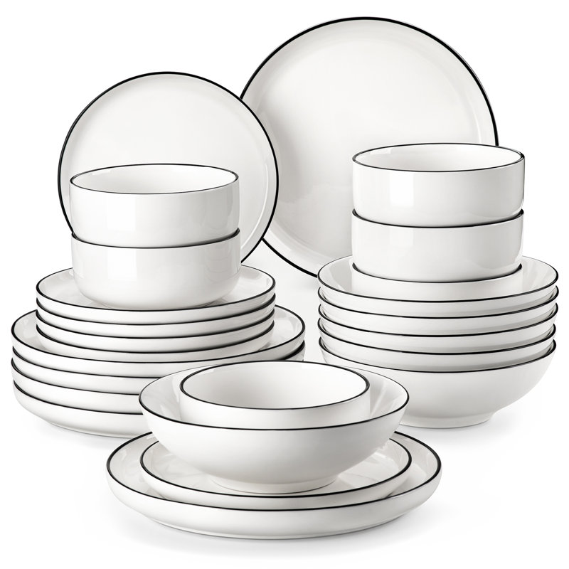 24-Piece Porcelain China Dinnerware Set, Service For 6, Black/White/Ivory