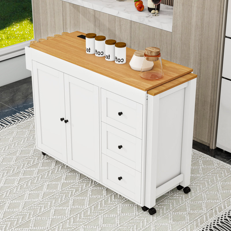 Îlot de cuisine avec table de salle à manger extensible, 3 tiroirs, prise de courant et support à épices, Blanc