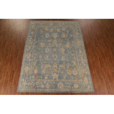 Tapis bleu marine / bleu en laine noué à la main de conception unique 8 pi 10 po x 12 pi New Age Oushak