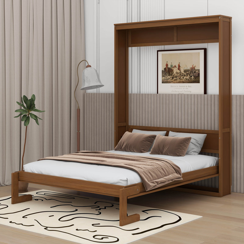 Lit plateforme escamotable pliable dans une armoire, lit escamotable en rotin, Noyer, Full