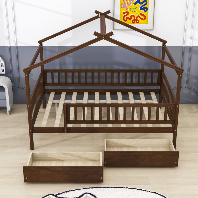 Lit en bois avec 2 tiroirs, toit et garde-corps, Simple, Noyer