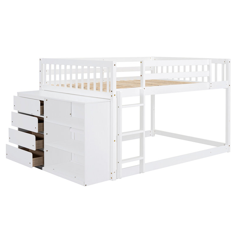 Lit superposé avec 4 tiroirs et 3 tablettes, Lit superposé double sur double, Blanc