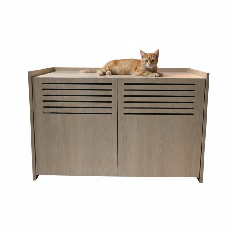 Habitation moderne en bois pour chats avec un tampon à griffer intégré et un bac à litière dissimulé spacieux. Mesure L 33,46 po x l 21,06 po x H 21 po et pèse 45,87 lb.