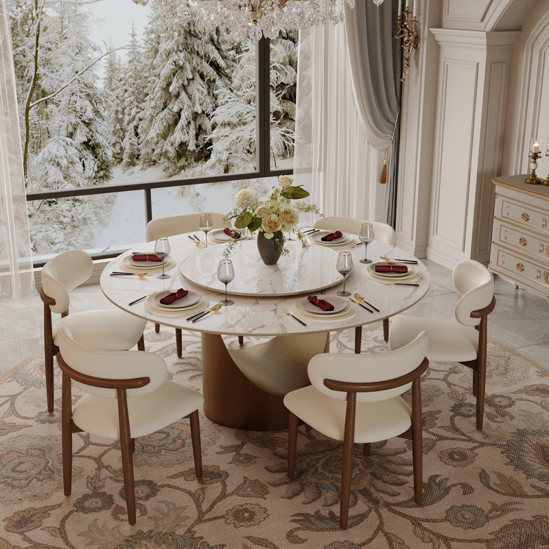 Modern Round Dining Table, Sintered Stone Tabletop With Lazy Susan, Carbon Steel Base Pre-Assembly, 29.53"H x 59"L x 59"W