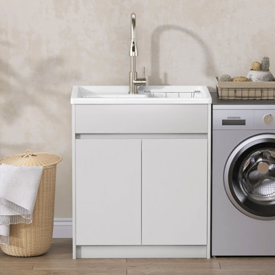 30'' Freestanding White Laundry Sink Cabinet with Hot & Cold Water Faucet Drop-in Solid Surface Utility Sink