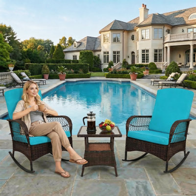 3-Piece Rocking Bistro Set, PE Wicker Outdoor Conversation Chairs with Cushions & Tempered Glass Table, Lakeblue Rocking Chair Set for Porch Lawn Garden Backyard Deck
