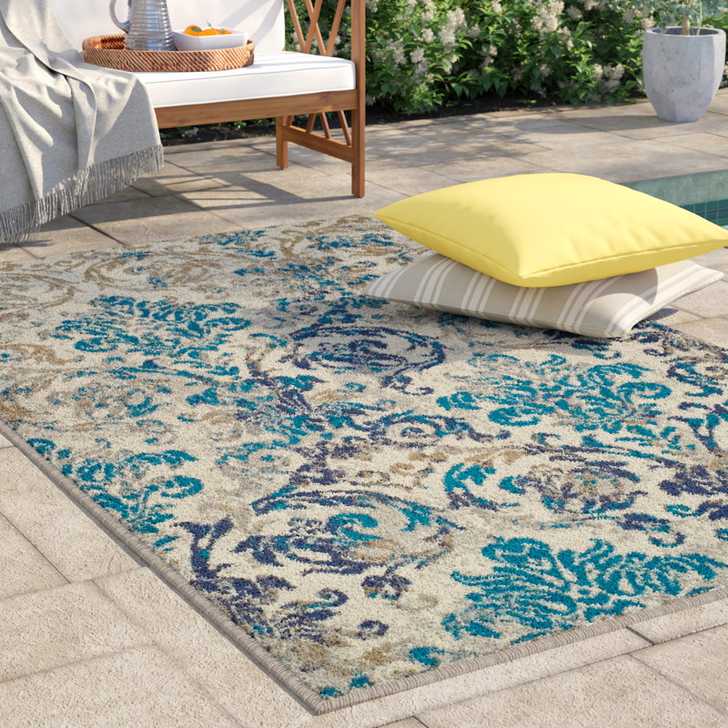 Tapis damas d'intérieur / extérieur bleu Dashamira, Rectangle de 5 pi x 8 pi