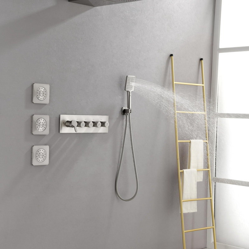 Wall Mounted Waterfall Shower System with Bodysprays, Brushed Nickel