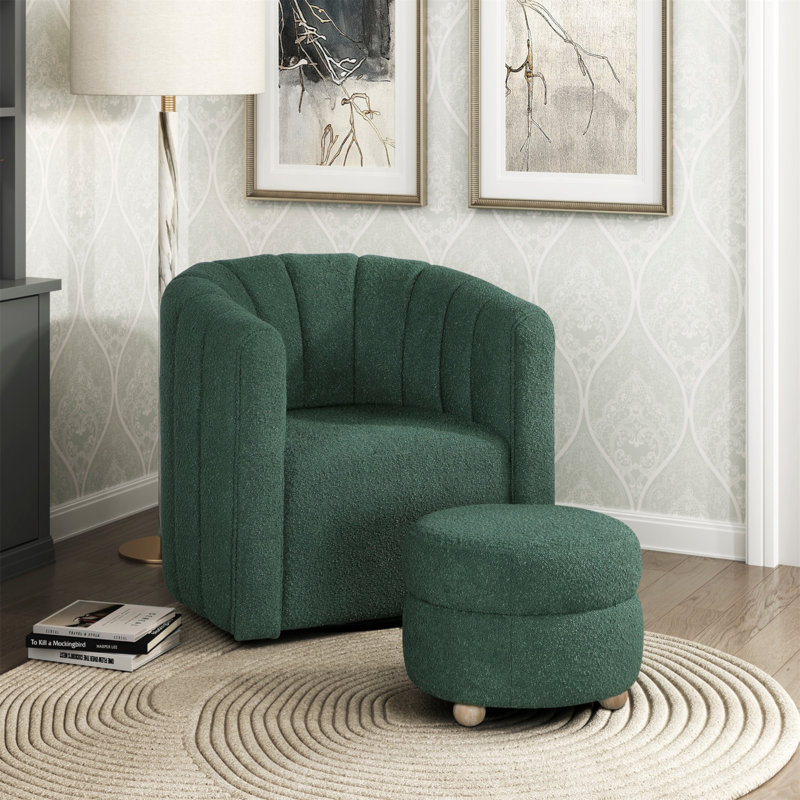 Modern Contemporary Swivel Chair with Ottoman Boucle Fabric Upholstery Solid Wood Living Room Furniture, Green Boucle