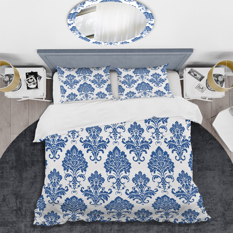 Blue White Timeless Damask Glamour Art I - Transitional Duvet Cover Set, King Duvet Cover + 2 King Shams