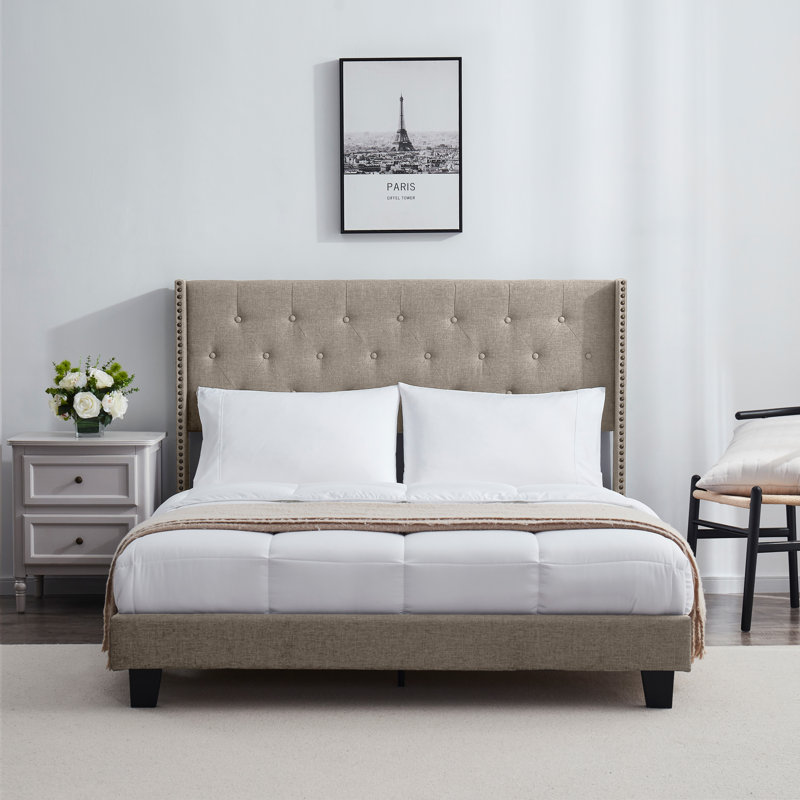 Nestl Wingback Diamond Upholstered Platform Bed, Full, Beige