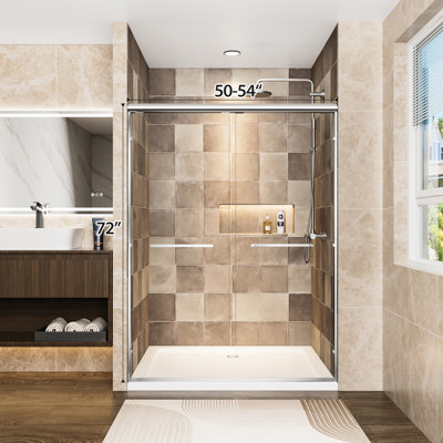 54" W X 72" H Aluminum Double Sliding Shower Door With 1/4" Tempered Glass, - Shatter Film, Dual Stainless Steel Handles, Adjustable Width, Waterproof, Reversible Install, Easy To Install For