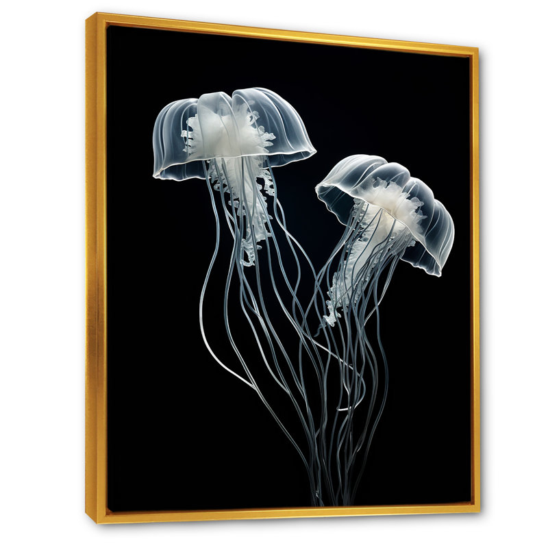Impression sur toile «Black and White Jellyfish Luminous Drifters I» - Plage et océan, Cadre flottant doré