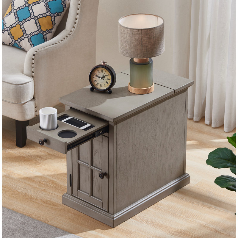 Saldana Solid Wood Top End Table with Storage and Built-In Outlets, Gray