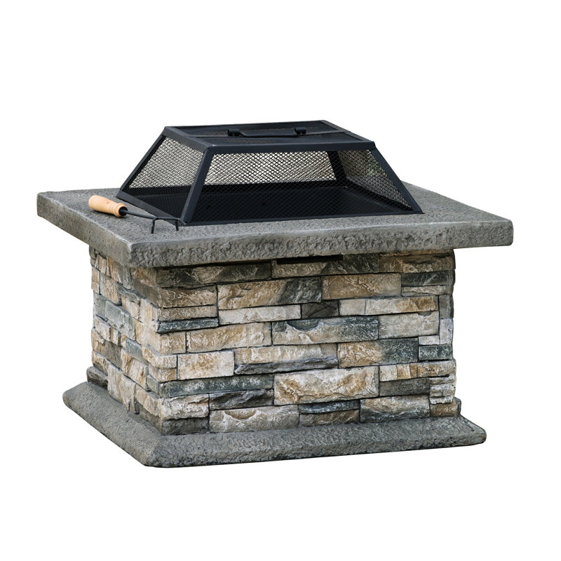 28" Square Fire Pit - Fiberglass Reinforced Cement Build, Iron Security, Simple Assembly Kit With Tools & Instructions Supplied, Stone Gray Color Scheme, Enhances Backyard And Patio, Perfect For