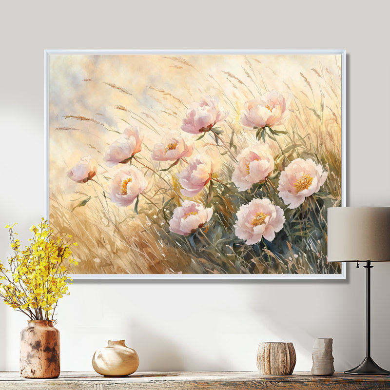 Ikai pivoines dans le champ balayé par le vent I - pivoines, art mural, H 30 po x l 40 po, Impression encadrée flottante