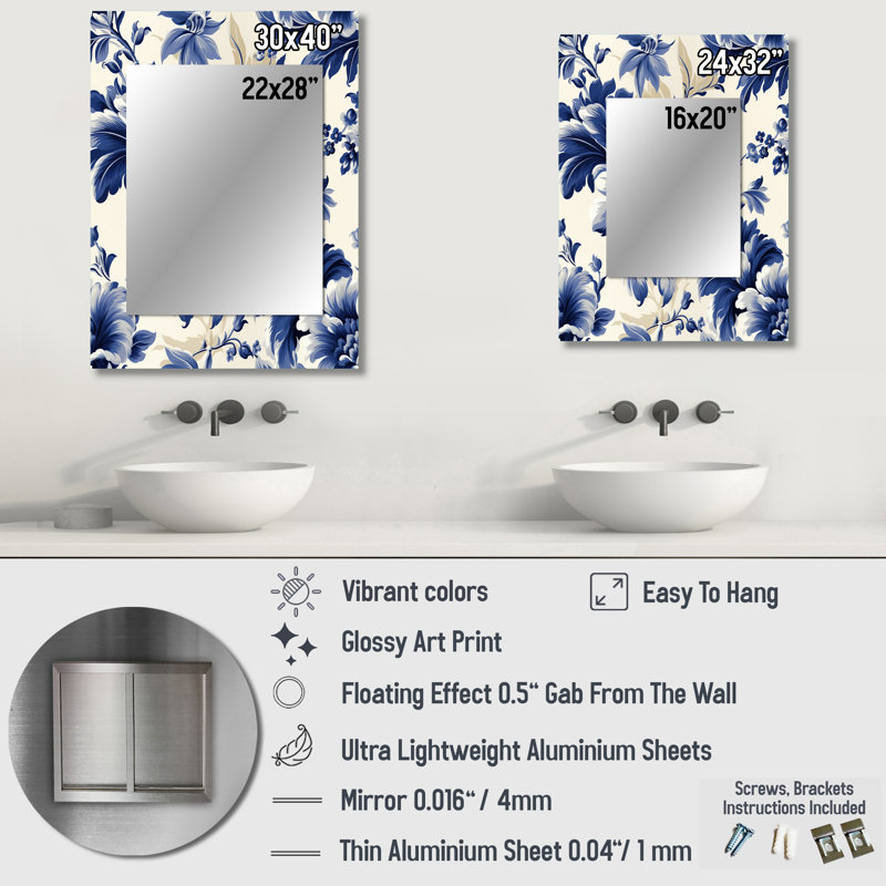 Levine Regal bleu cobalt damassé motif victorien Ii - miroir décoratif floral, 40 po x 30 po