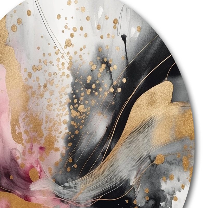Texture or rose rose Splash Marble III - art abstrait rond en marbre sur métal, H 16 po x l 16 po x P 1 po