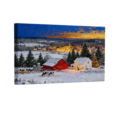 Christmas Winter Farm Scene With Red Barn And Lights Set of 3 Canvas Wall Art Prints