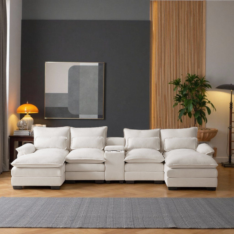 5-Piece Upholstered U-Shaped Sectional, White Chenille