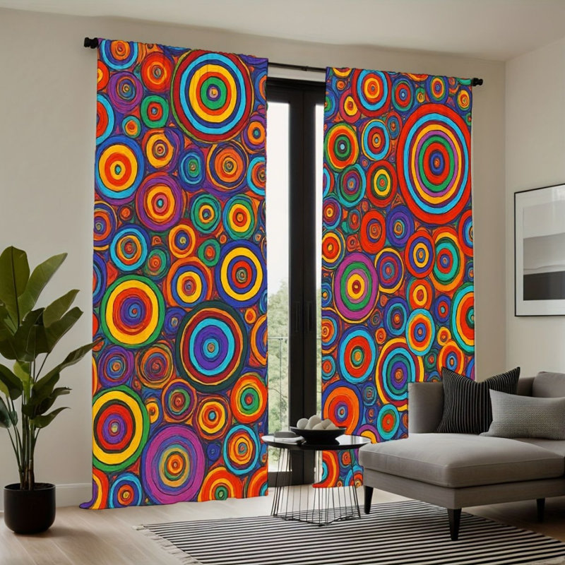 2Pcs Vibrant Circles Curtains, Bold Concentric Rings Design, Retro Abstract Art, Rod Pocket Light Filtering, Funky Groovy Style, All-Season For Living Room Bedroom Dorm Window Decor