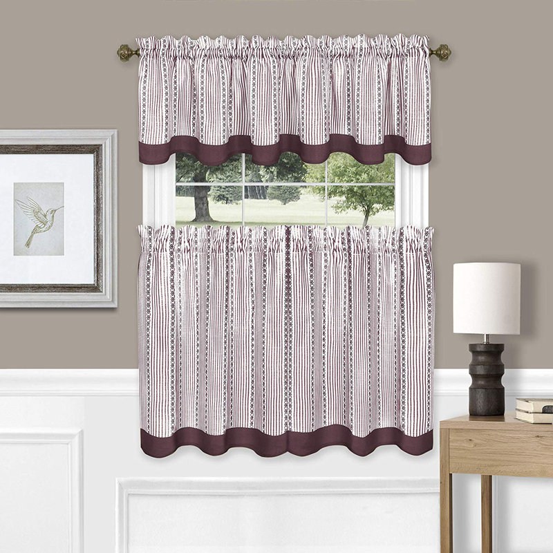 Abstract Ruffled Kitchen Curtain, 58" W x 24" L, Burgundy