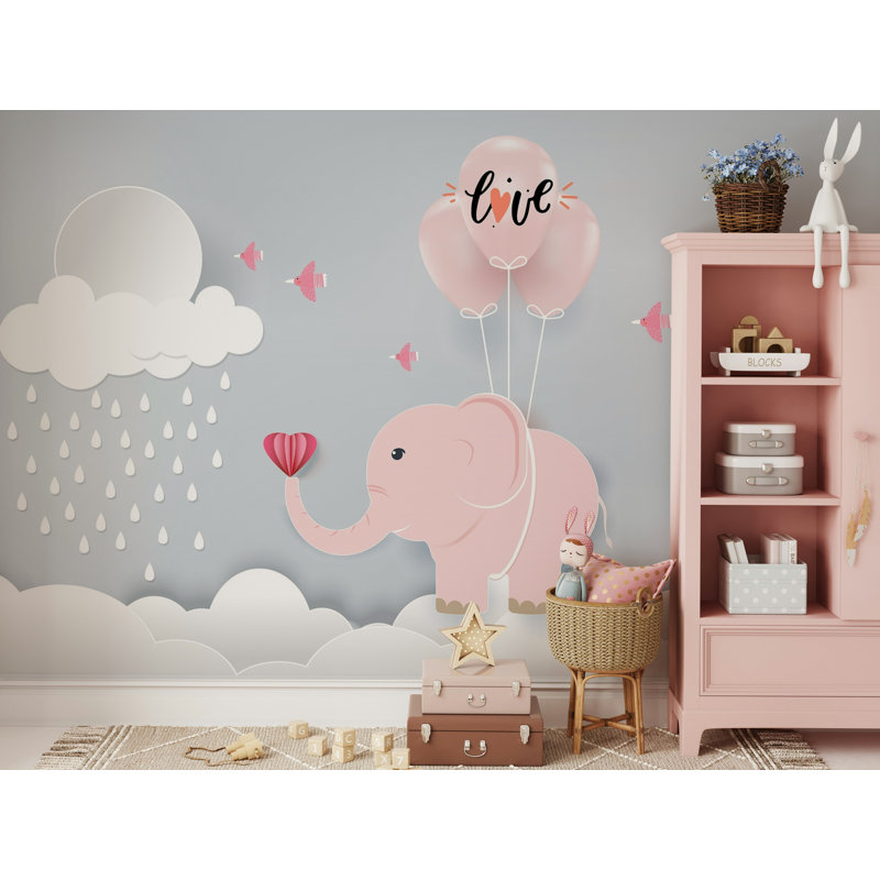 Papier peint amovible avec un joli bébé éléphant et des ballons, L 35,04 po x l 55 po