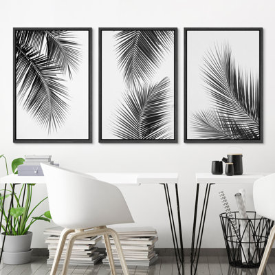 "Minimal Botanical" noir et blanc, palmier tropical, feuilles, impression sur toile encadrée moderne et organique, 3 pièces
