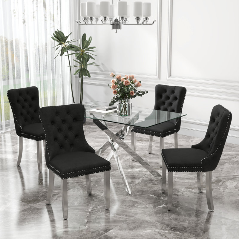 Rectangle Tempered Glass Dining Table Set, Luxury Dining Table with Tufted Velvet Dining Chair for Dining Room, Black, Silver